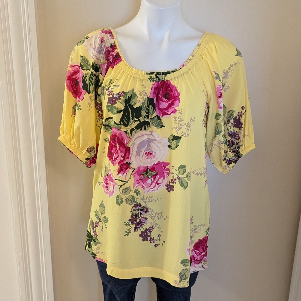 Matilda Jane NWT bright yellow with pink rose print top size S